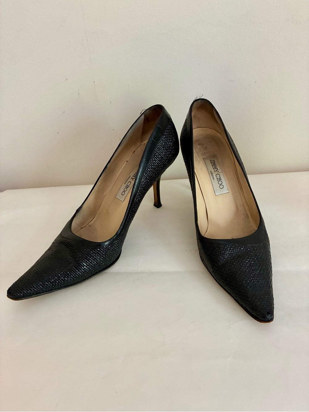 JIMMY CHOO Black Raffia & Leather Pumps Shoes 40 Good Condition